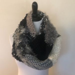GREY, BLACK, AND WHITE FUZZY INFINITY SCARF.